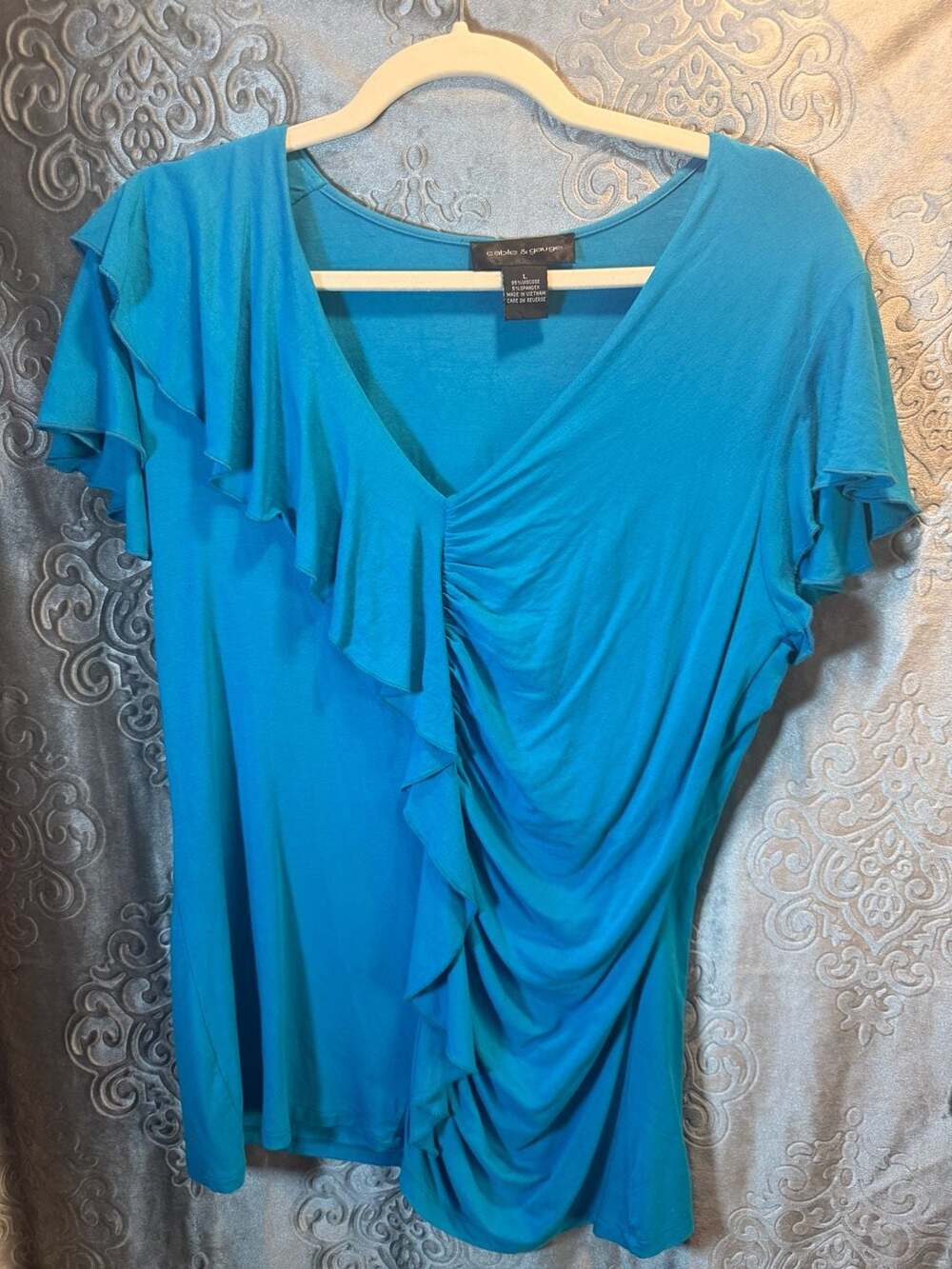 Cable & Gauge Blue Ruffle V-Neck Ruched Short Sleeve Top Size L